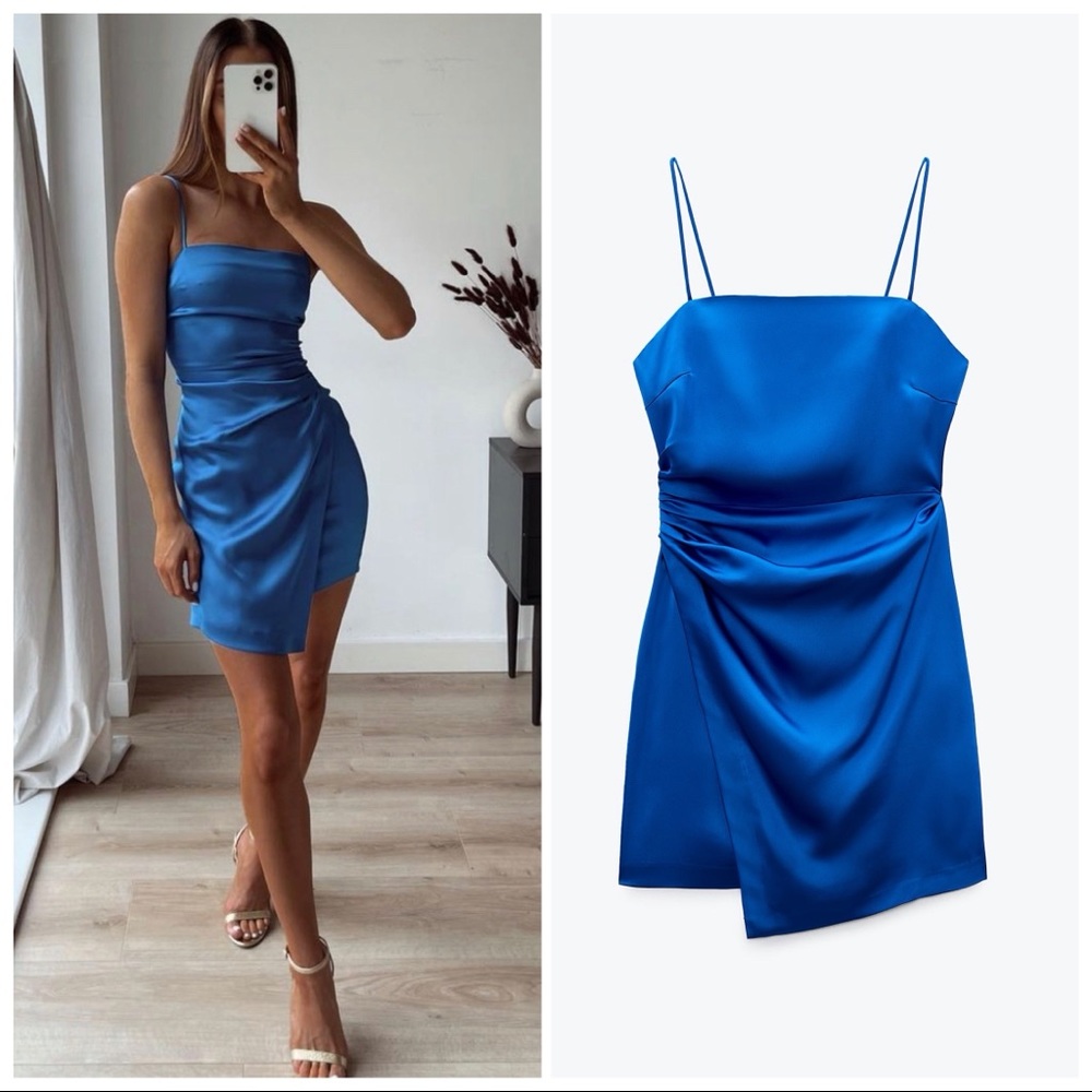NWT ZARA ruched mini cobalt satin dress S
